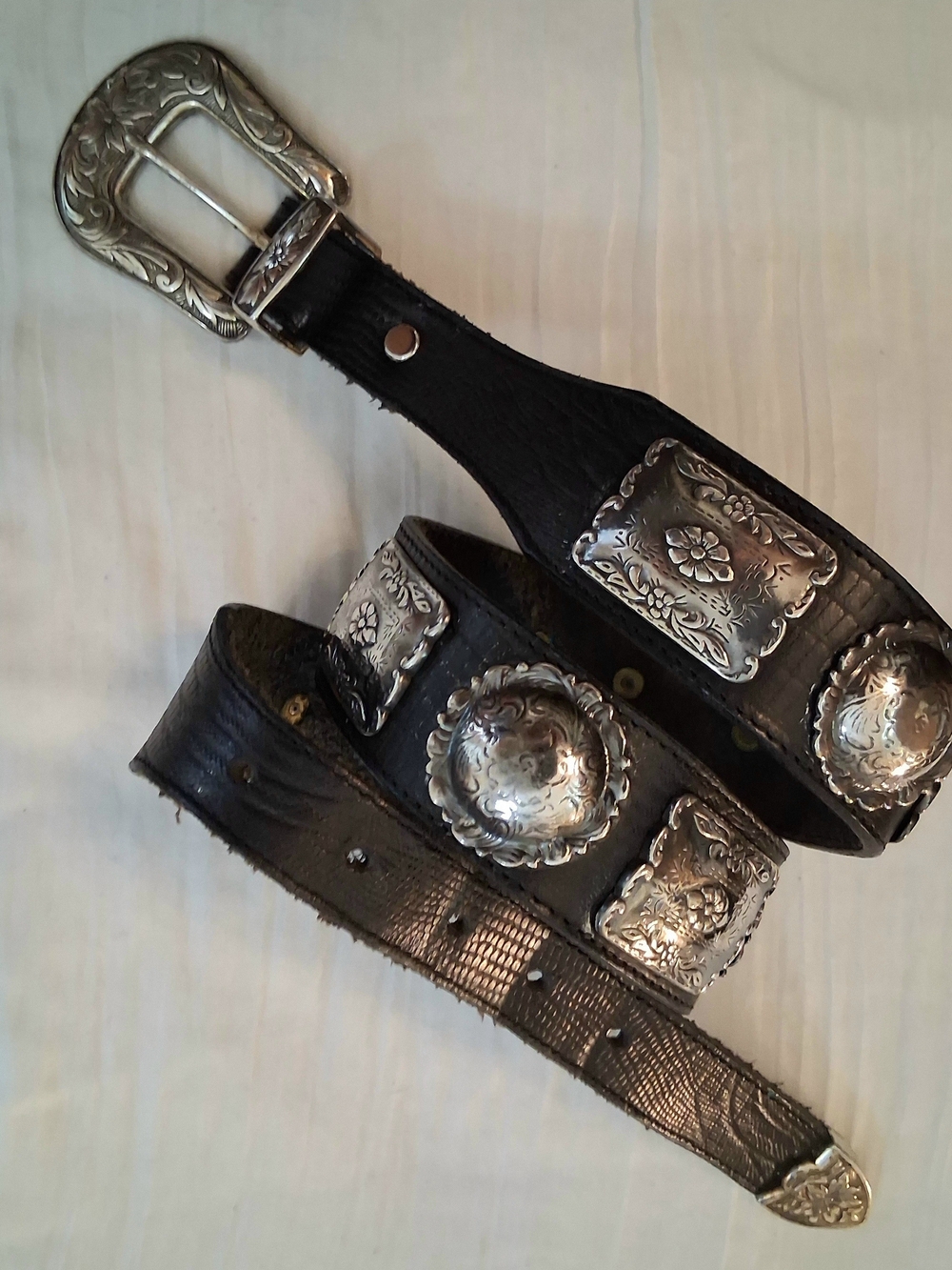 Vtg Black Leather Western Belt with Silver Conchos
